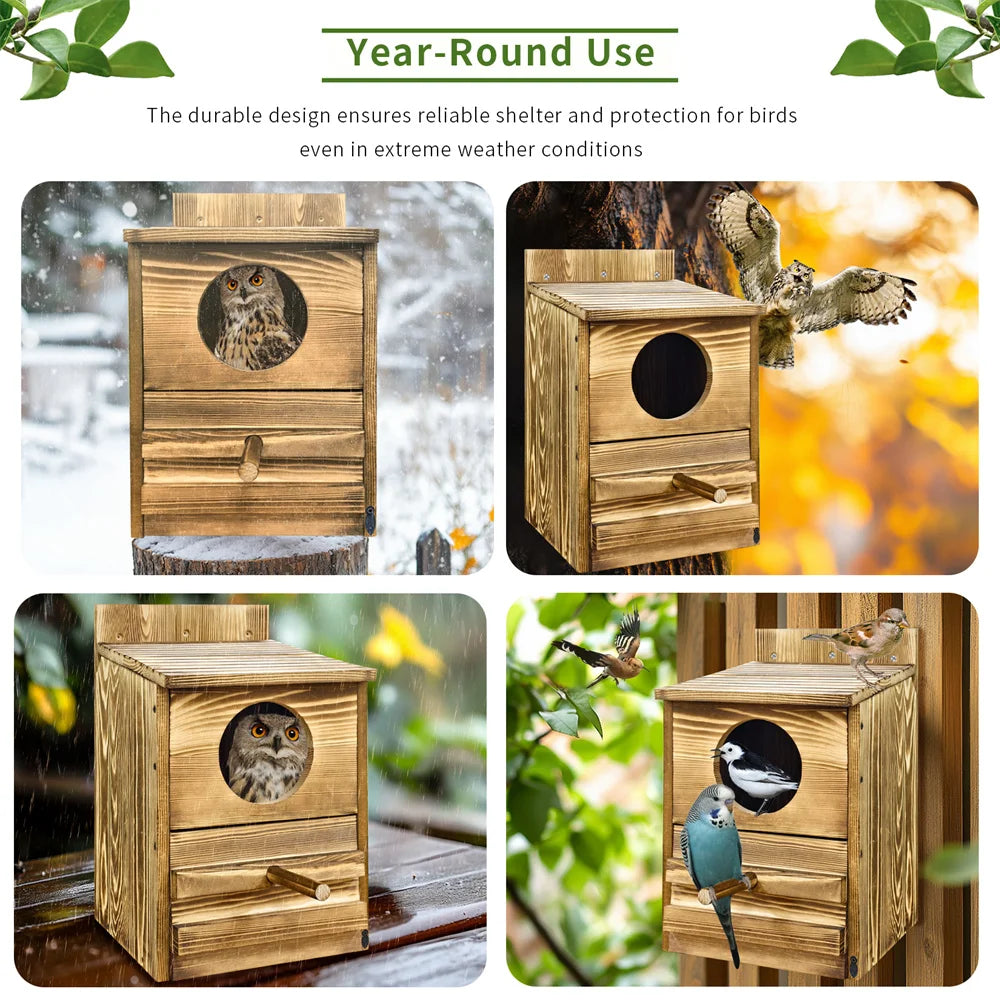 Screech Owl House Owl Bird Box Large Handmade Wooden Round Opening Screech Box for Outside with Mounting Screws