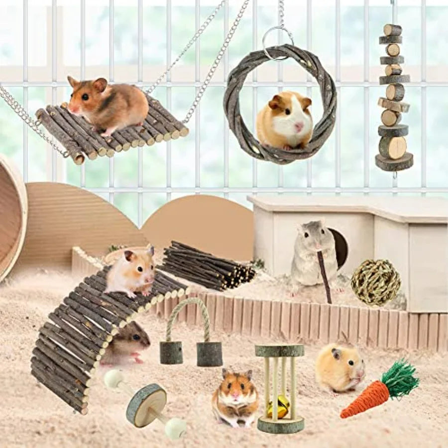 Hamster Toys Rat Toys Chinchilla Toys Hamster Chew Toys Cage Accessories Apple Wood Sticks Ladder Bell Roller for Gerbil Guinea