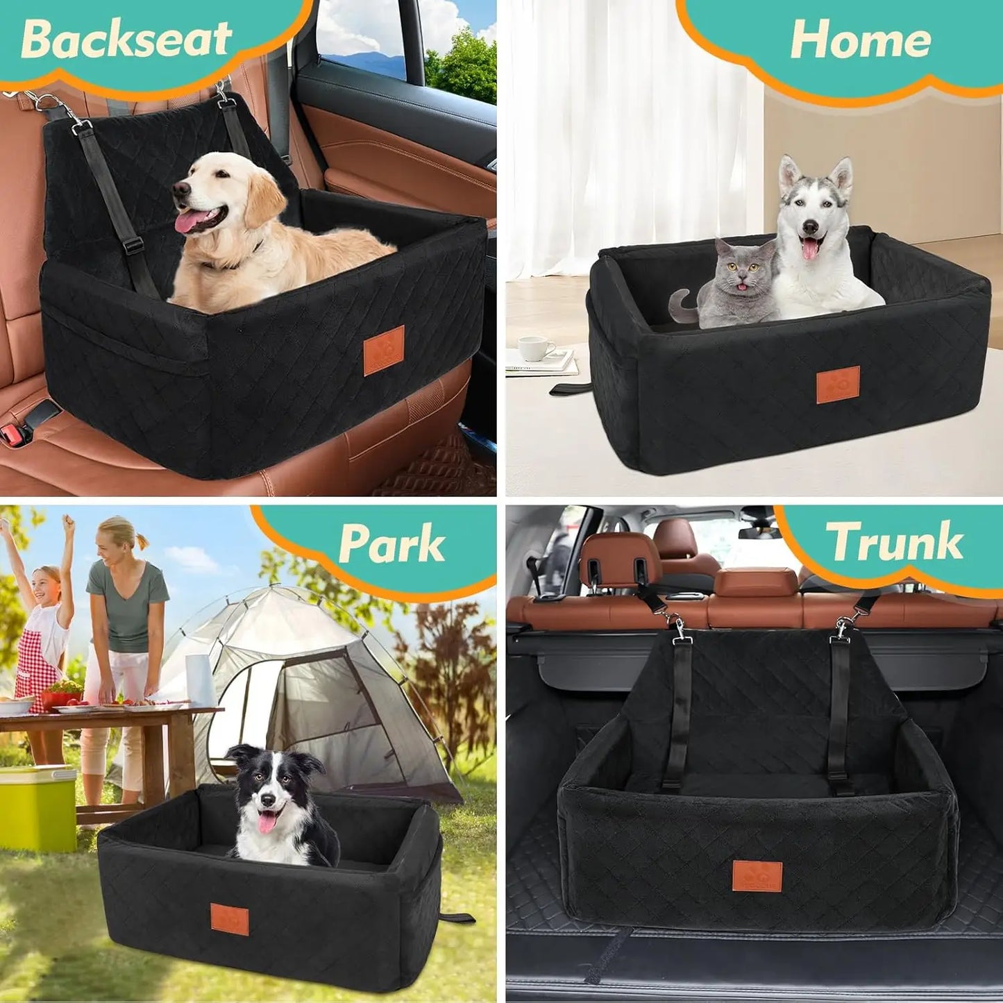 Portable Washable Dog Car Seat for Medium Large Pets Under 55 lbs, Thick Cushion with Safety Leashes Travel Bed