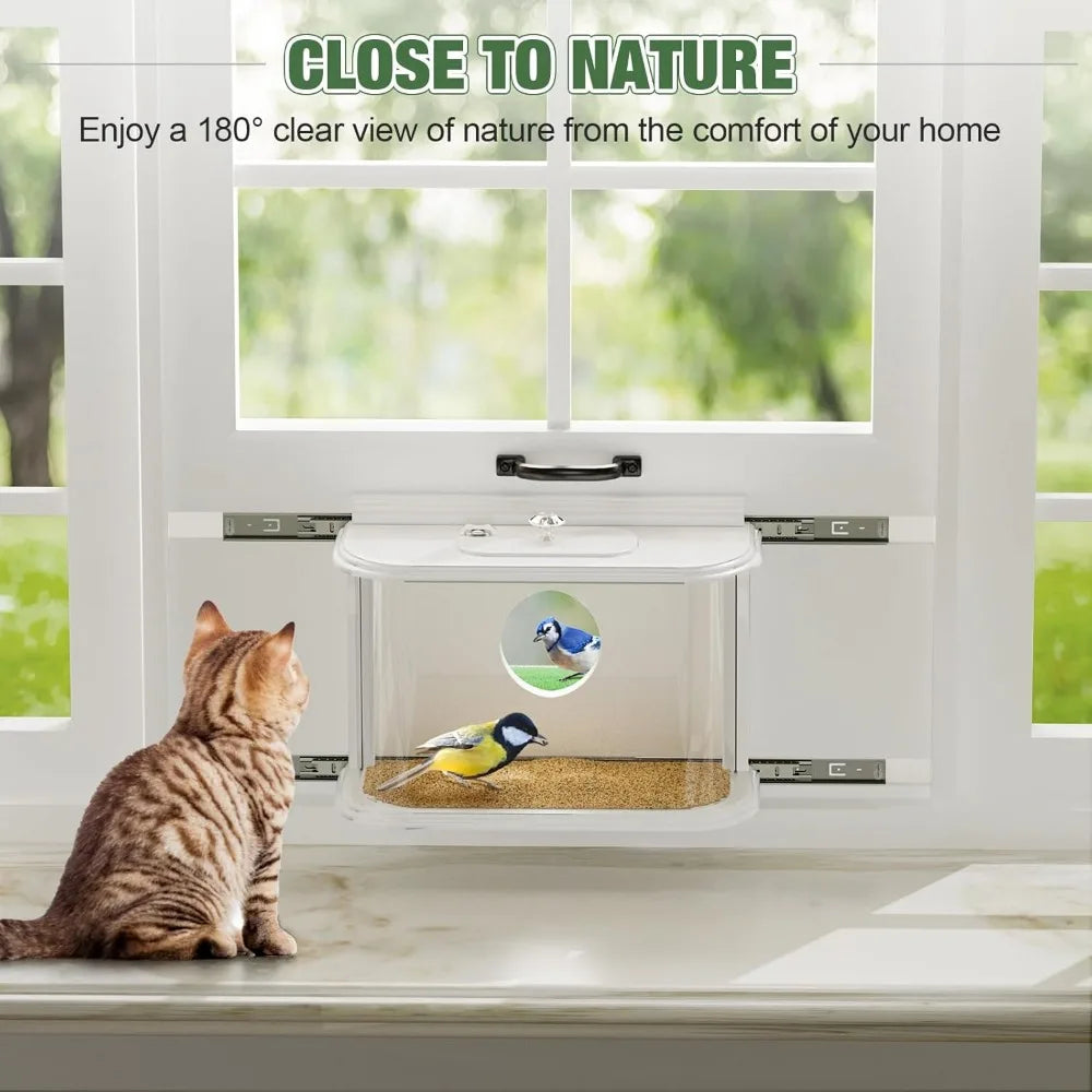 Window Bird Feeder Inside House Bird Feeder Window 180°for Viewing Rail Sliding with Locker Squirrel Proof Easy Assemble (with T