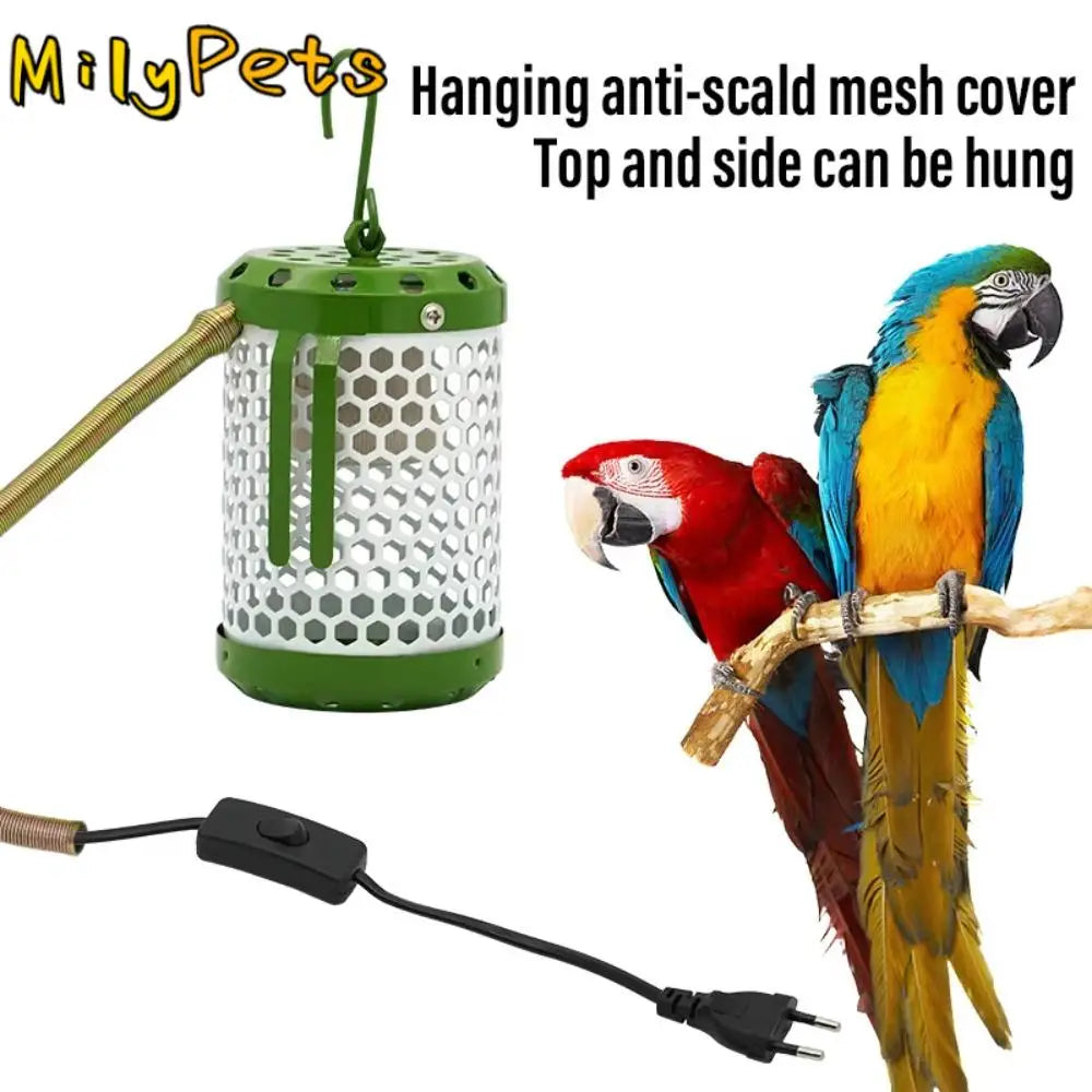Anti-Bite Pet Parrot Heat Preservation Lamp Metal Chew-Proof Wire Anti-Scalding Bird Cage Heater US/EU/UK Plug in with Hook