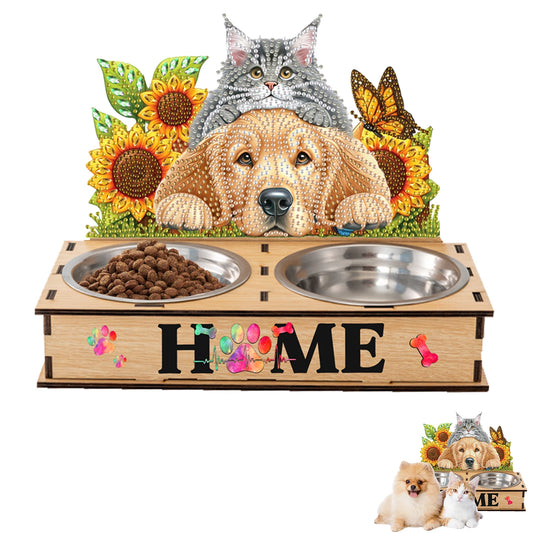 Diamond Painting Pet Bowl with Wood Stand 5D DIY Diamond Painting Water Feeder DIY Diamond Painting Dog Bowl Kits for Puppies