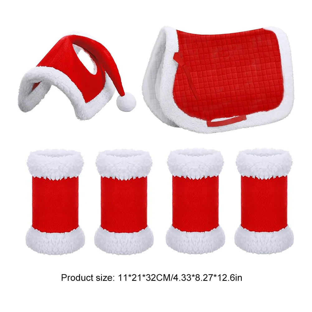 6Pcs Christmas Santa Leg Wraps Horse Hat Saddle Pad Multi-Purpose Santa Red Horse Hat & Leg Wraps & Horse Saddle for Horses