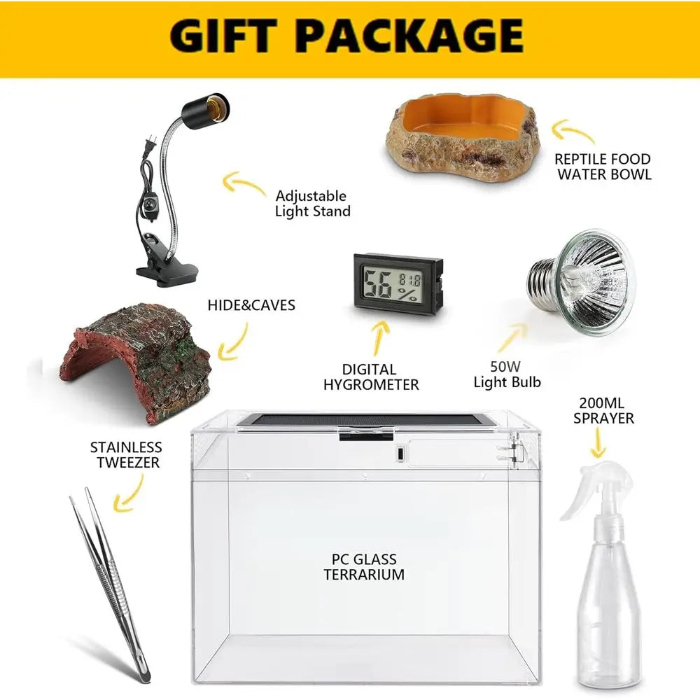 Reptile Polycarbonate Terrarium Kit 7 Piece Starter Habitat for Tarantula,Lizards,Frogs,Geckos,or Hermit Crabs,Tank with Escape-