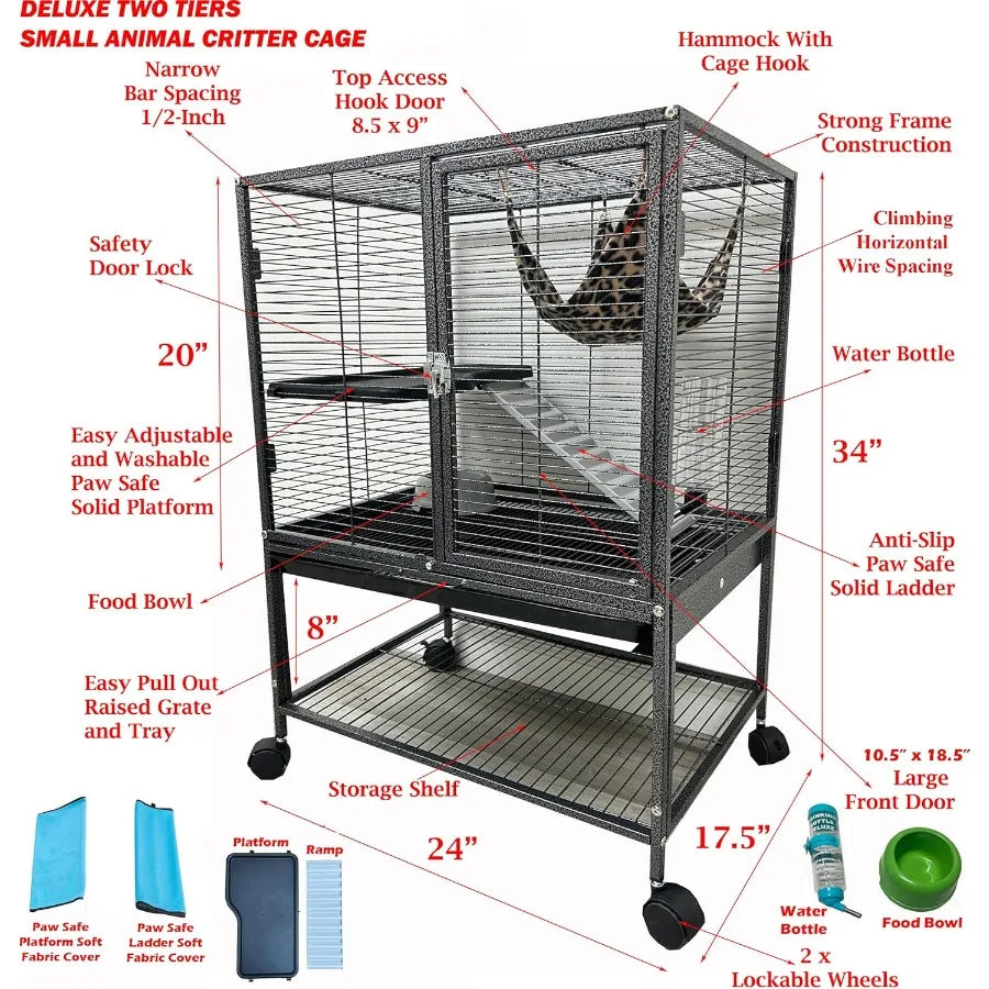 Deluxe Two Tiers Small Animal Critter Cage with Tight 1 2Inch Bar Spacing for Ferrets Chinchillas Rats Mice Squirrels Rabbits a