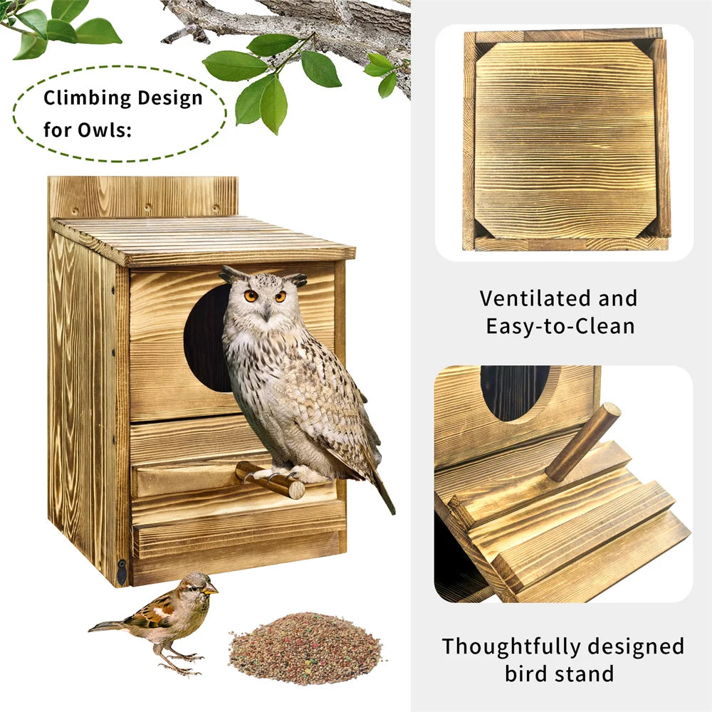 Screech Owl House Owl Bird Box Large Handmade Wooden Round Opening Screech Box for Outside with Mounting Screws
