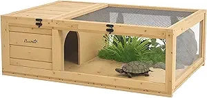 Wooden Tortoise House Indoor Turtle Habitat Cage for Reptiles, Lizards, Geckos, Outdoor Enclosure, Yellow, Suitable for Small Pe