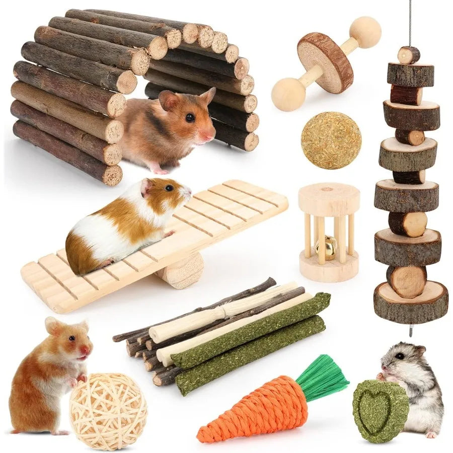Hamster Cage Accessories 12 Different Chew Toys for Gea Pig Chinchillas Gerbils Mice Rats Mouse Rabbit Bunny Hideout Seesaw Nat