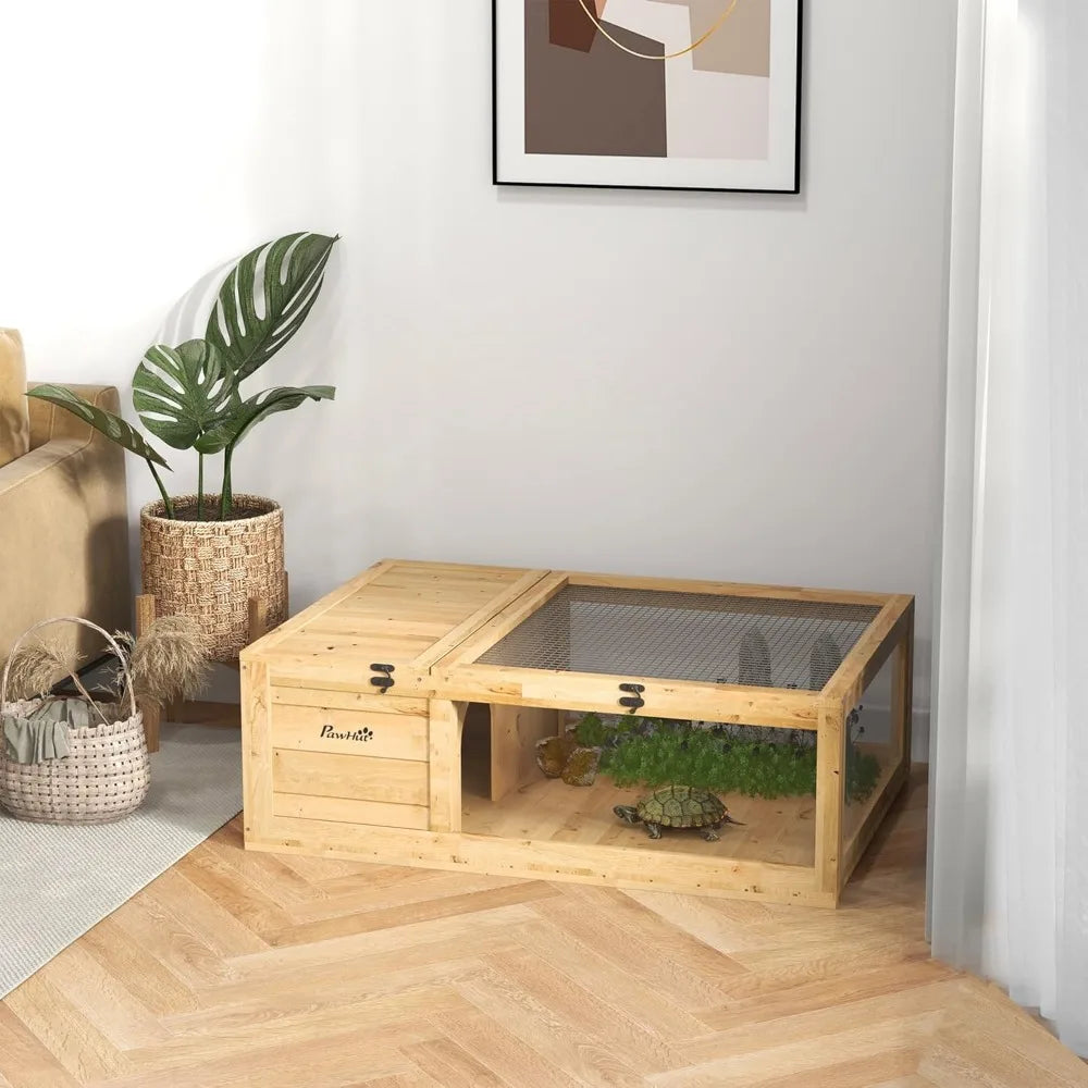 Wooden Tortoise House Indoor Turtle Habitat Cage for Reptiles, Lizards, Geckos, Outdoor Enclosure, Yellow, Suitable for Small Pe