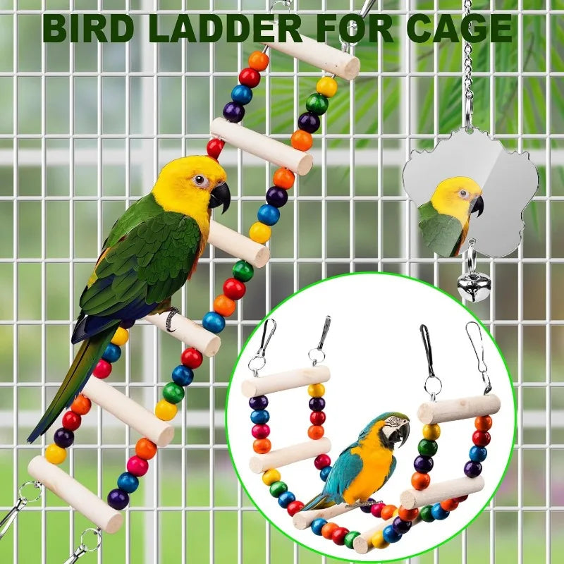 7Pcs Wood Bird Toys for Parakeets: Perch, Swing, Ladder, Climbing Set for Budgies, Cockatiels, Conures