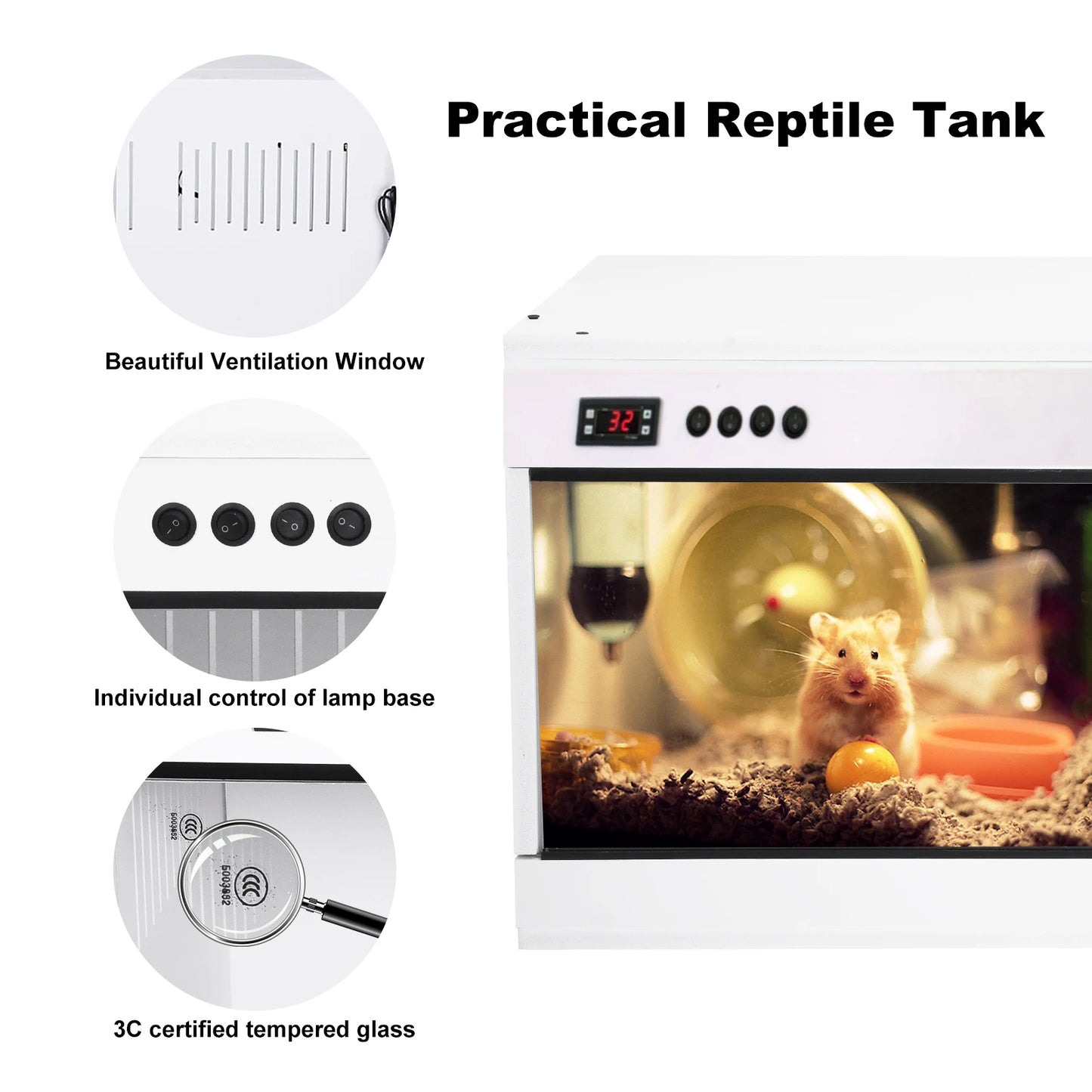 Reptile Enclosure, Reptile Cage Lizard Terrarium, Tempered Glass Reptile Habitat, Breeding Box, Single Temperature Control