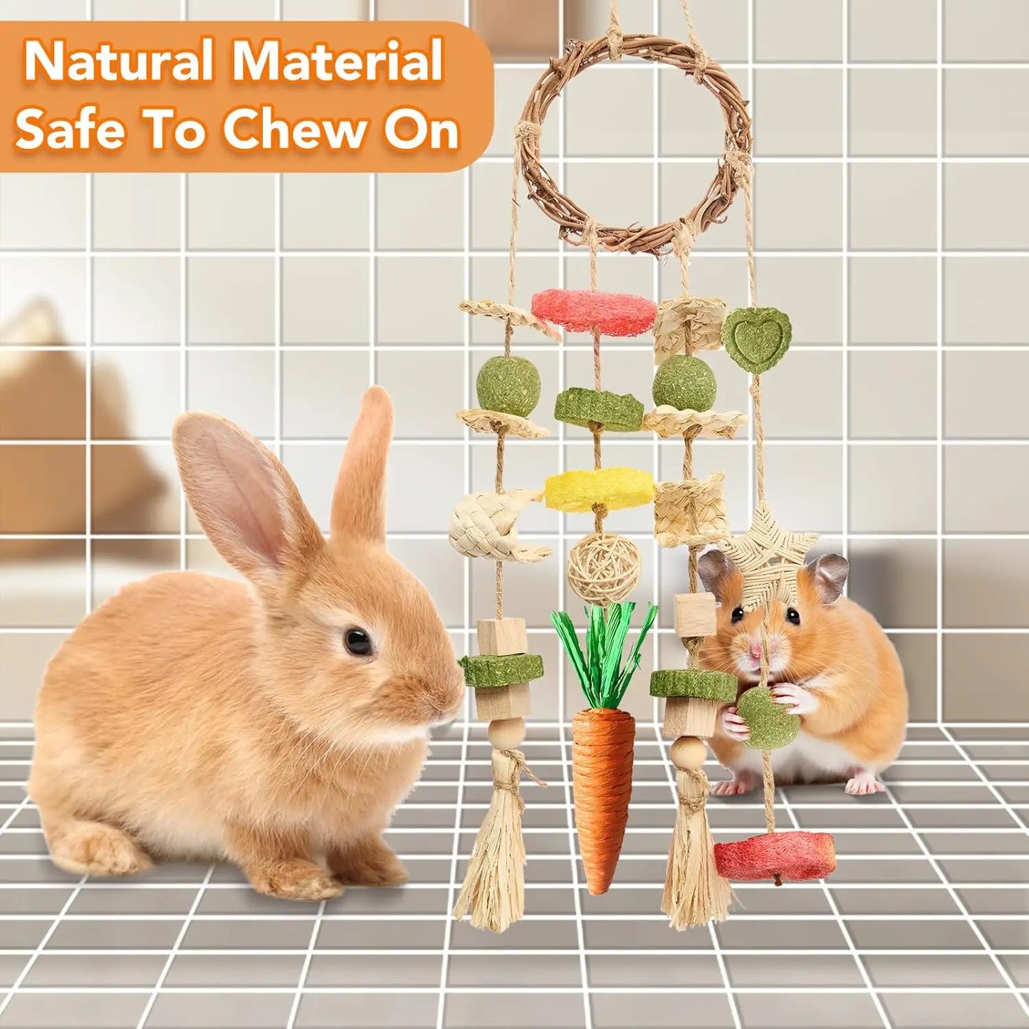 Rabbit Chew Toy – Hanging Rattan Ring with Treats for Bunnies & Rodents
