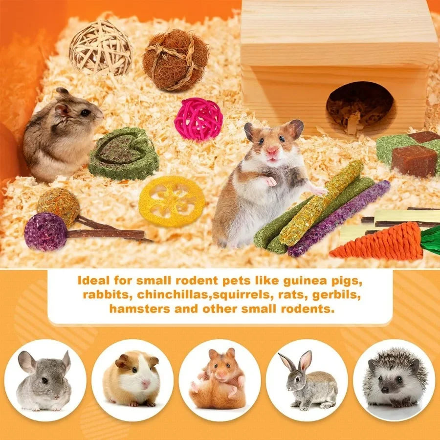 Natural Timothy Hay and Apple Wood Sticks for Small Pets Teeth Care Handmade Chew Toys Set of 27 Pieces Ideal for Rabbits Guine