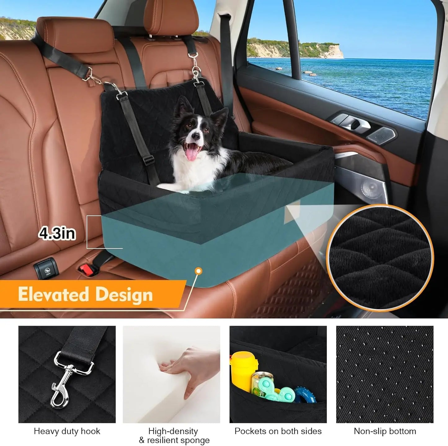 Portable Washable Dog Car Seat for Medium Large Pets Under 55 lbs, Thick Cushion with Safety Leashes Travel Bed
