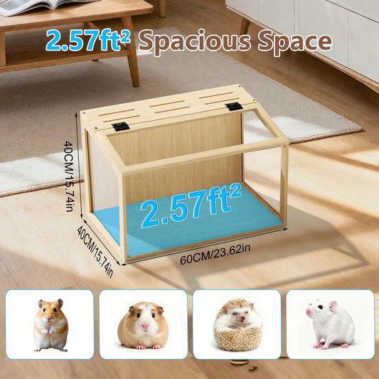 60/80CM Hamster Cage Chewproof Wooden Guinea Pig Cages Habitat House Tempered Glass Panels Built-in LED Light