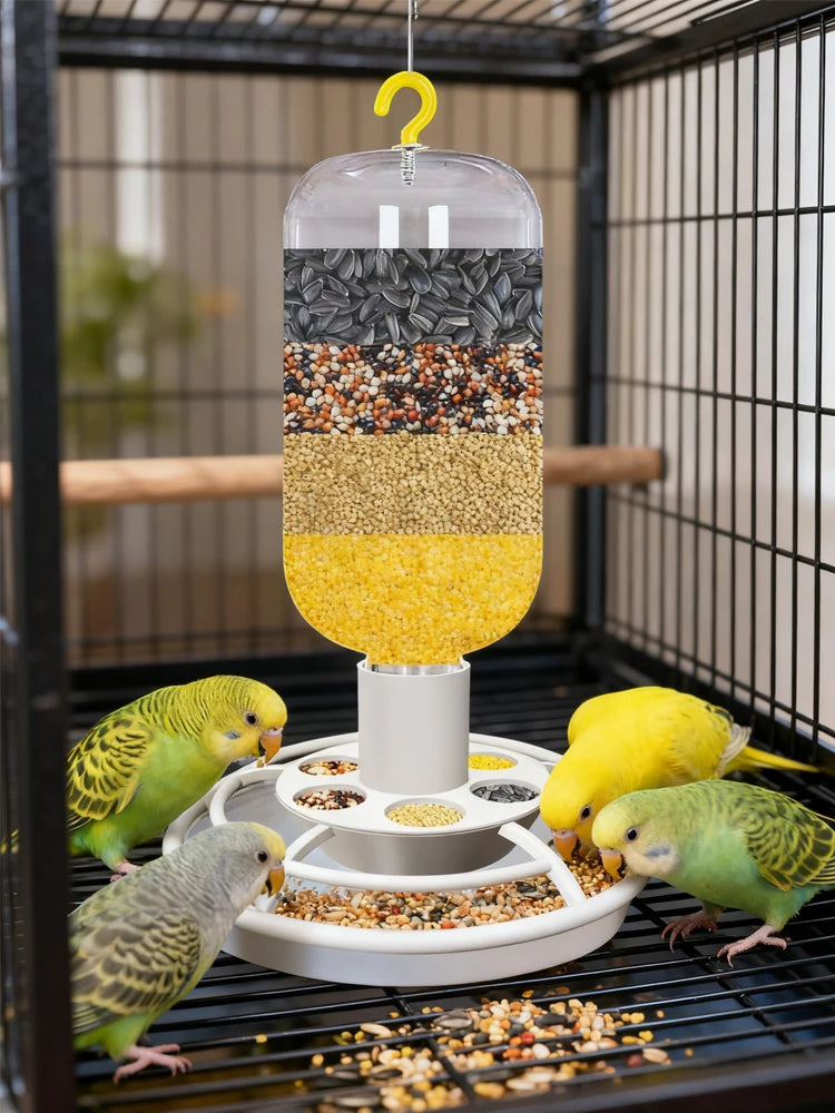 Automatic Bird Feeder with Anti-Scatter, Parrot Food Dispenser for Cage, Hanging Hook Auto-Feeding Container for Small Birds ﻿