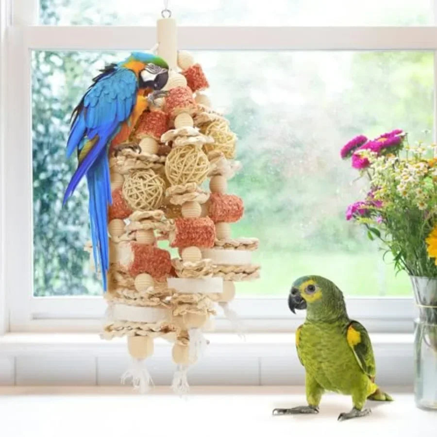 17.5Inch Long Bird Toy Designed for Chewing with Natural Corn Cob and Loofah Slices Ideal for Large and MediumSized Parrot Cage