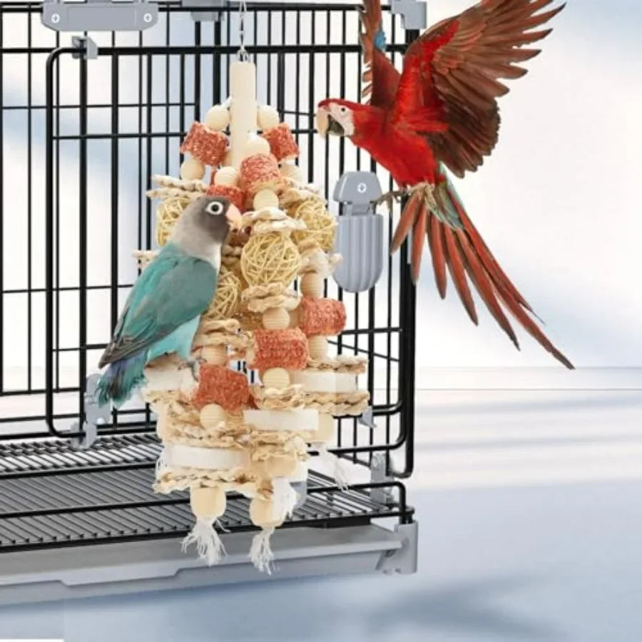 17.5Inch Long Bird Toy Designed for Chewing with Natural Corn Cob and Loofah Slices Ideal for Large and MediumSized Parrot Cage