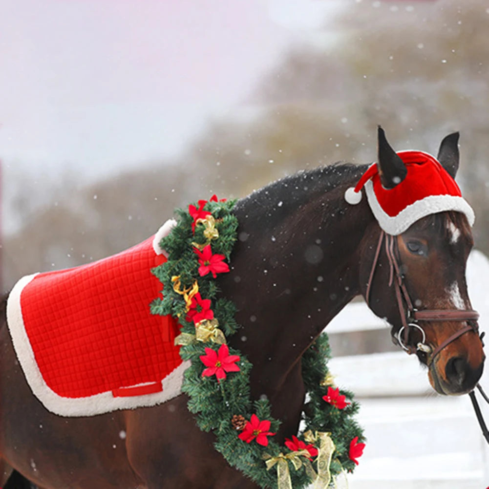 6Pcs Christmas Santa Leg Wraps Horse Hat Saddle Pad Multi-Purpose Santa Red Horse Hat & Leg Wraps & Horse Saddle for Horses