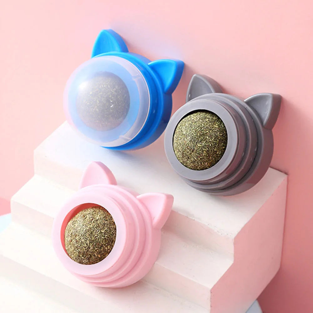Rotatable Cat Cleaning Toy Self-Adhesive Catnip Balls Toy for Cats Catnip Wall Balls for Cats Teeth Cleaning Pet Treats Supplies