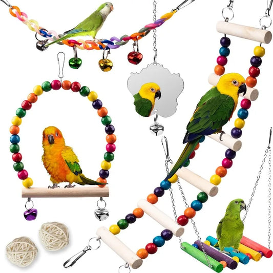 7Pcs Wood Bird Toys for Parakeets: Perch, Swing, Ladder, Climbing Set for Budgies, Cockatiels, Conures