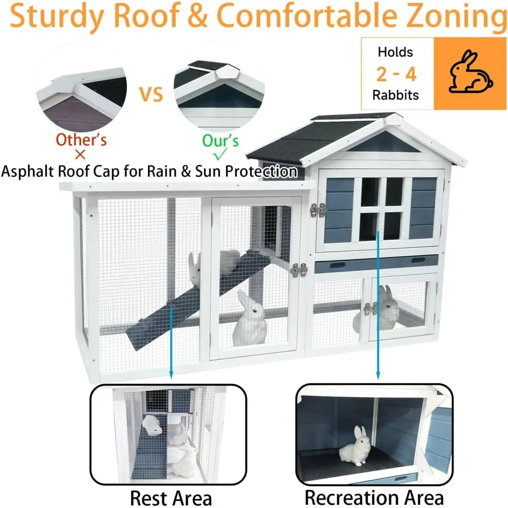 Large Outdoor Rabbit Hutch Weatherproof 2-Story Chicken Coop & Bunny Cage, Wooden Indoor/Outdoor Pet House with No-Leak Tray, Wa