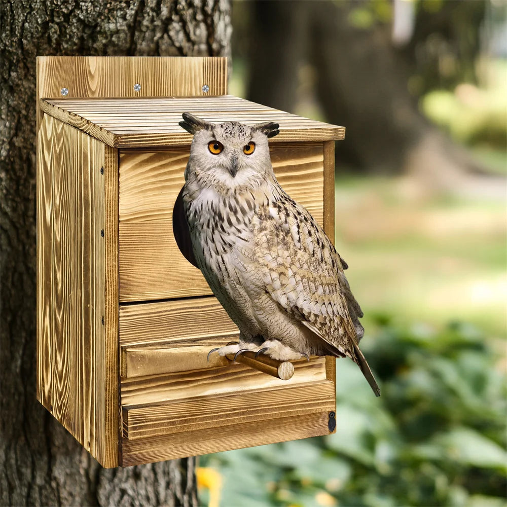 Screech Owl House Owl Bird Box Large Handmade Wooden Round Opening Screech Box for Outside with Mounting Screws