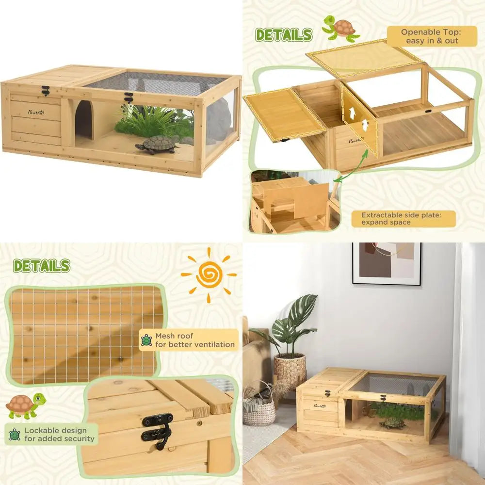 Wooden Tortoise House Indoor Turtle Habitat Cage for Reptiles, Lizards, Geckos, Outdoor Enclosure, Yellow, Suitable for Small Pe