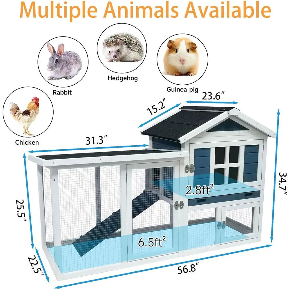 Large Outdoor Rabbit Hutch Weatherproof 2-Story Chicken Coop & Bunny Cage, Wooden Indoor/Outdoor Pet House with No-Leak Tray, Wa