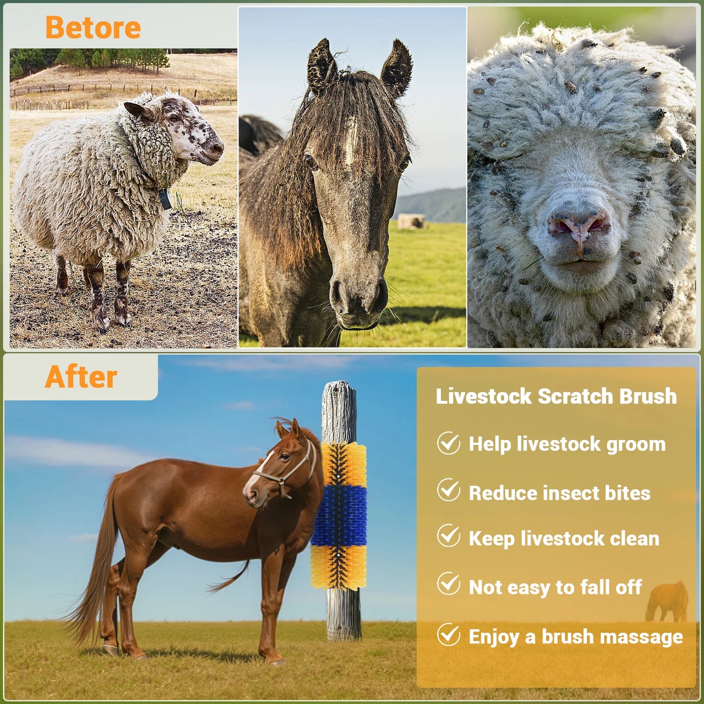 Livestock Scratch Brushes, Horse Scratcher Full Massage Grooming Brush Kit, Relieve Itching for Horse Cow Cattle Sheep Pig Goat