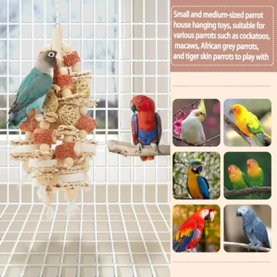 17.5Inch Long Bird Toy Designed for Chewing with Natural Corn Cob and Loofah Slices Ideal for Large and MediumSized Parrot Cage