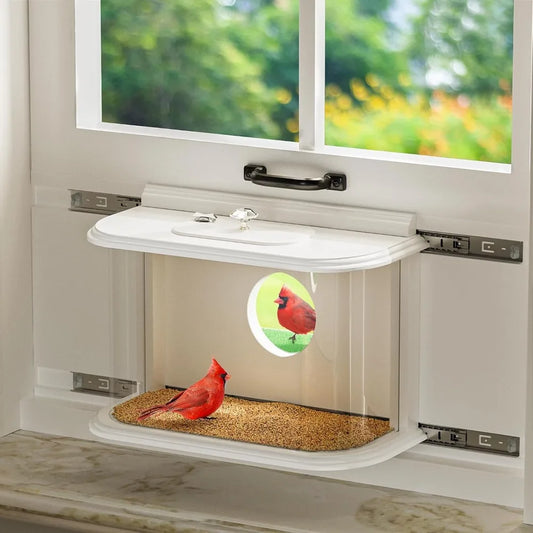 Window Bird Feeder Inside House Bird Feeder Window 180°for Viewing Rail Sliding with Locker Squirrel Proof Easy Assemble (with T