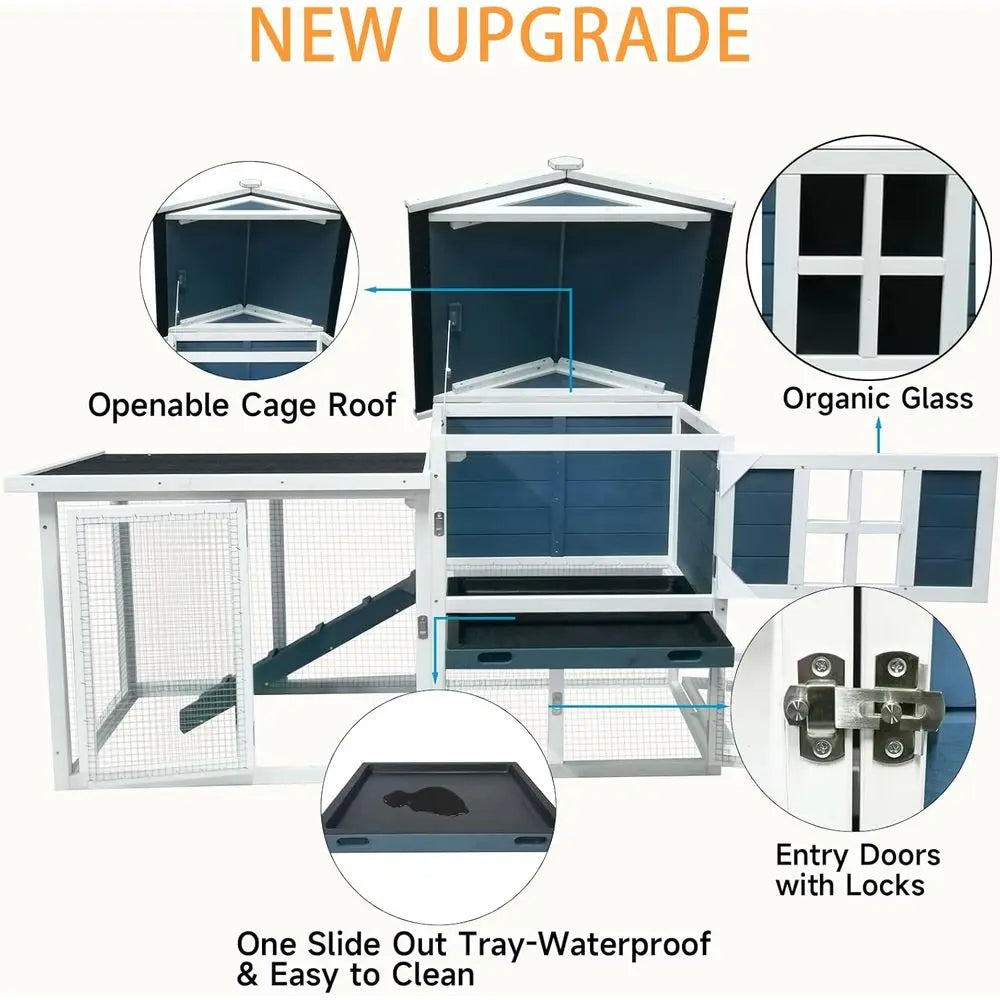 Large Outdoor Rabbit Hutch Weatherproof 2-Story Chicken Coop & Bunny Cage, Wooden Indoor/Outdoor Pet House with No-Leak Tray, Wa