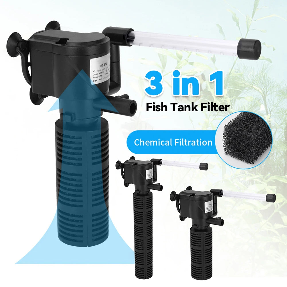3 in 1 Aquarium Internal Filter Silent Fish Tank Filter Waterproof Mini Aquarium Filter Submersible Water Purifier for Fish Tank