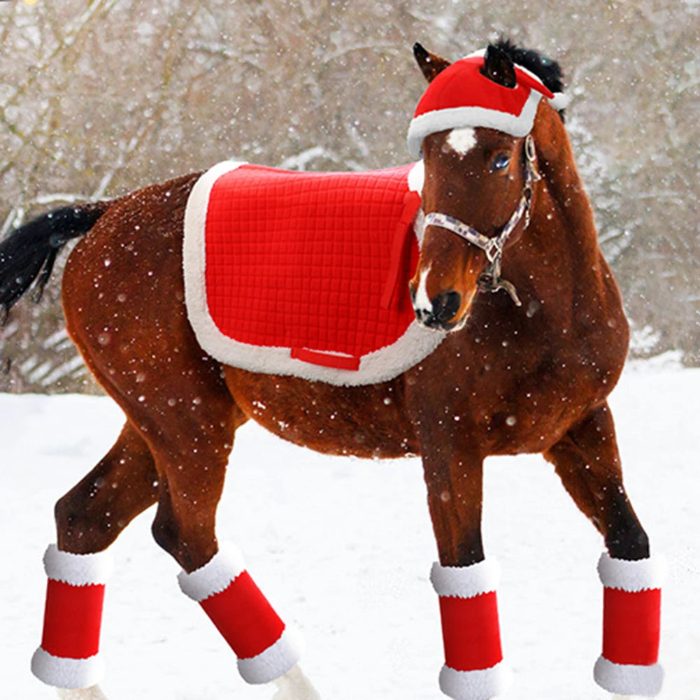 6Pcs Christmas Santa Leg Wraps Horse Hat Saddle Pad Multi-Purpose Santa Red Horse Hat & Leg Wraps & Horse Saddle for Horses