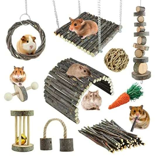 Hamster Toys Rat Toys Chinchilla Toys Hamster Chew Toys Cage Accessories Apple Wood Sticks Ladder Bell Roller for Gerbil Guinea