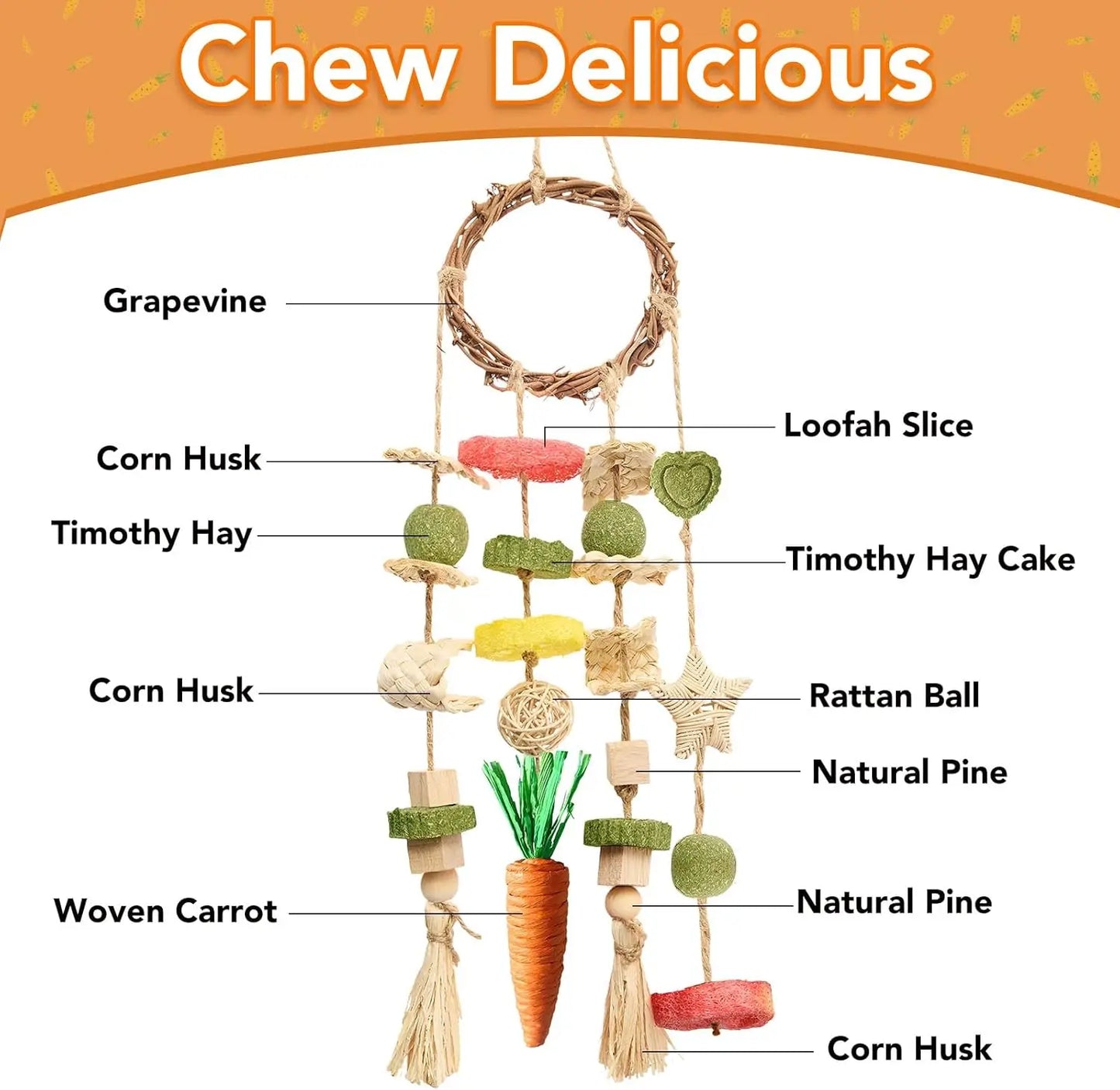 Rabbit Chew Toy – Hanging Rattan Ring with Treats for Bunnies & Rodents