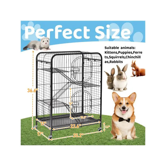 37" Metal Small Animal Cage with Ramps, Feeders & Wheels for Rabbit, Guinea Pig, Rat, Squirrel & Kitten Playpen, Black