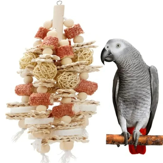 17.5Inch Long Bird Toy Designed for Chewing with Natural Corn Cob and Loofah Slices Ideal for Large and MediumSized Parrot Cage