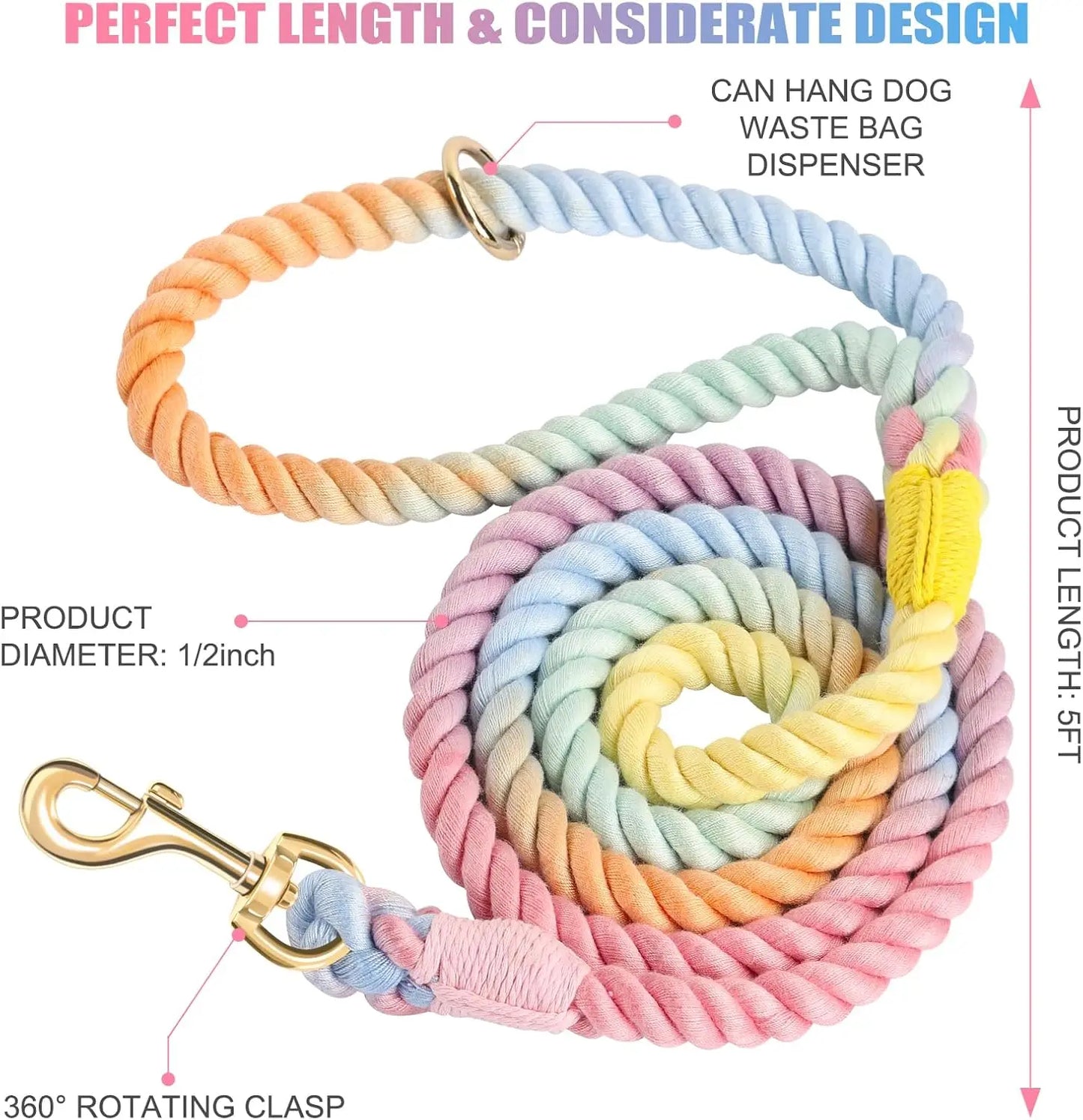 5FT Braided Cotton Dog Leash, Heavy Duty Clasp, Colorful Macaron, All Dog Sizes