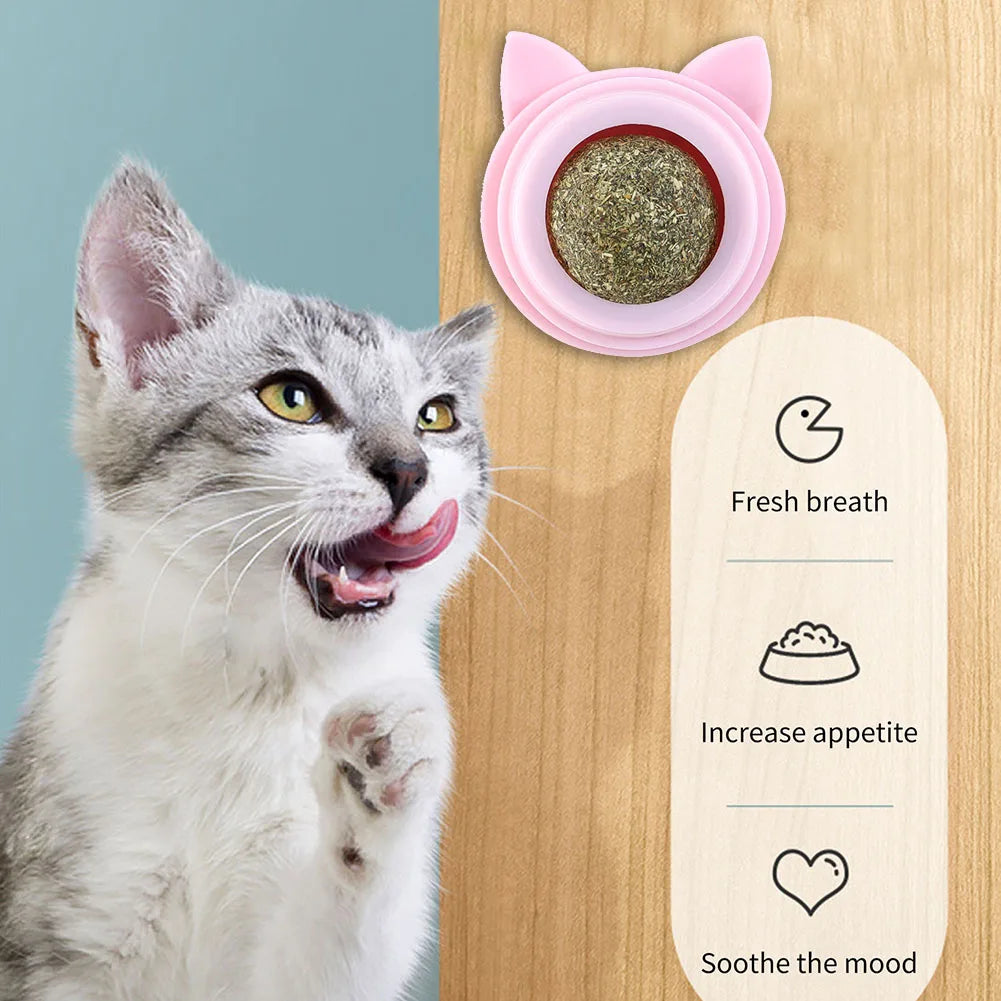 Rotatable Cat Cleaning Toy Self-Adhesive Catnip Balls Toy for Cats Catnip Wall Balls for Cats Teeth Cleaning Pet Treats Supplies