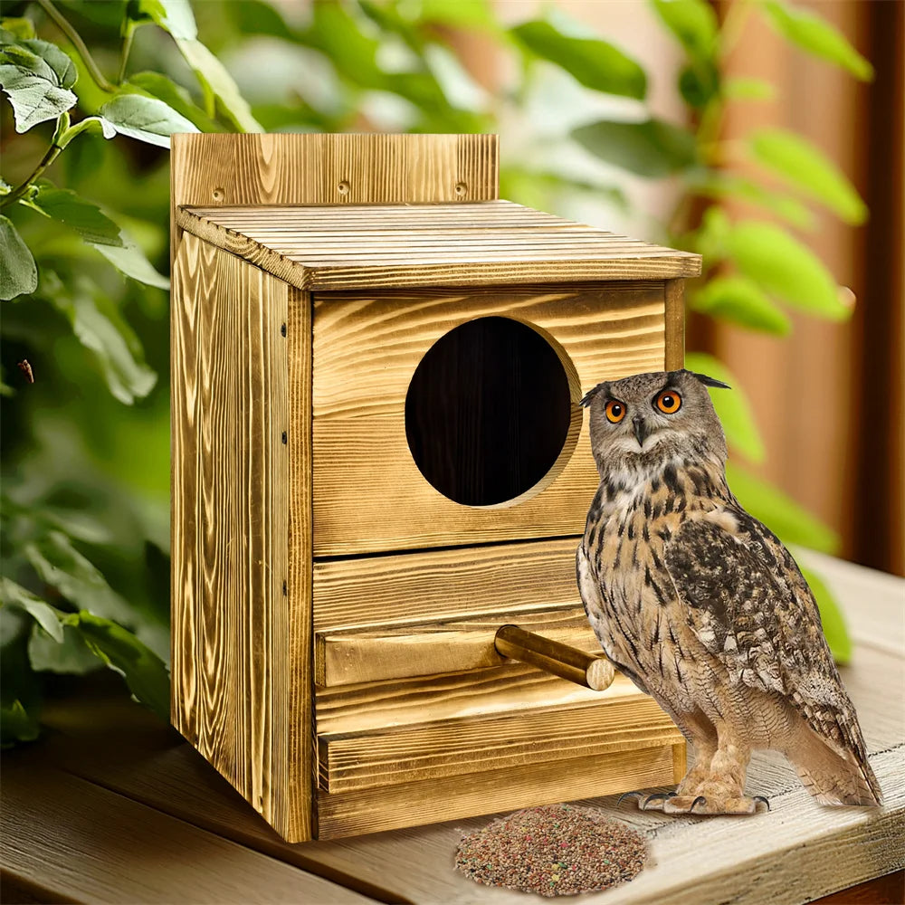 Screech Owl House Owl Bird Box Large Handmade Wooden Round Opening Screech Box for Outside with Mounting Screws