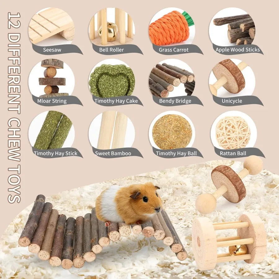 Hamster Cage Accessories 12 Different Chew Toys for Gea Pig Chinchillas Gerbils Mice Rats Mouse Rabbit Bunny Hideout Seesaw Nat