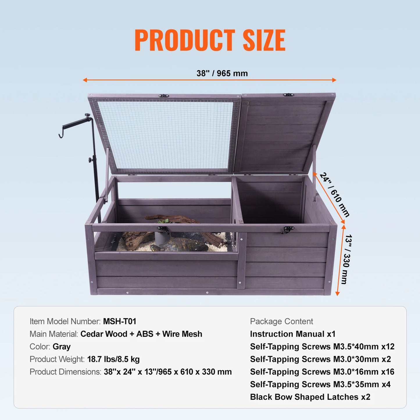 SucceBuy 3-Room Tortoise House Tortoise Habitat Wooden Enclosure Indoor & Outdoor Openable Roof Large Reptile Cage 44"x25.6"x24"