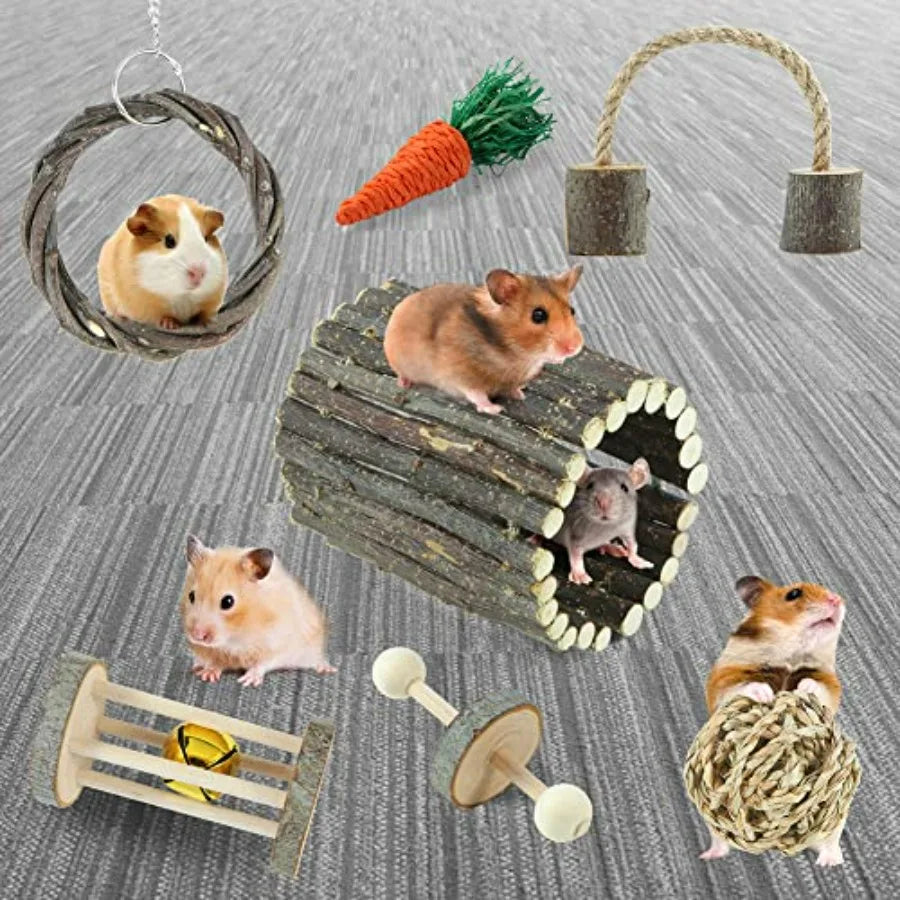 Hamster Toys Rat Toys Chinchilla Toys Hamster Chew Toys Cage Accessories Apple Wood Sticks Ladder Bell Roller for Gerbil Guinea