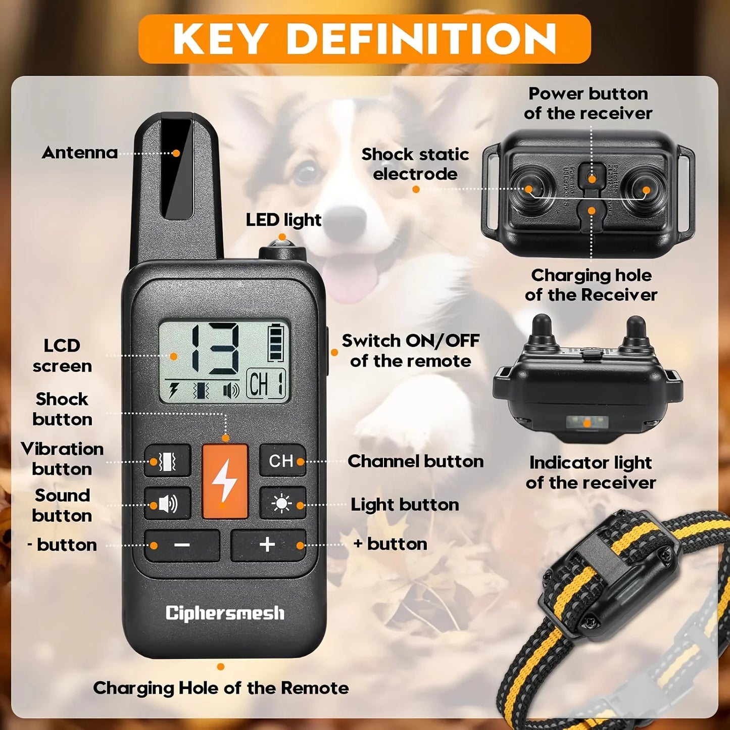 Electric Dog Training Collar Rechargeable Anti Barking Shock Vibration Collar Waterproof Trainer for All Dogs Pet with Clicker