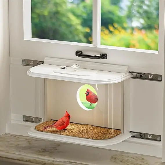 Window Bird Feeder Inside House Bird Feeder Window 180°for Viewing Rail Sliding with Locker Squirrel Proof Easy Assemble (with T