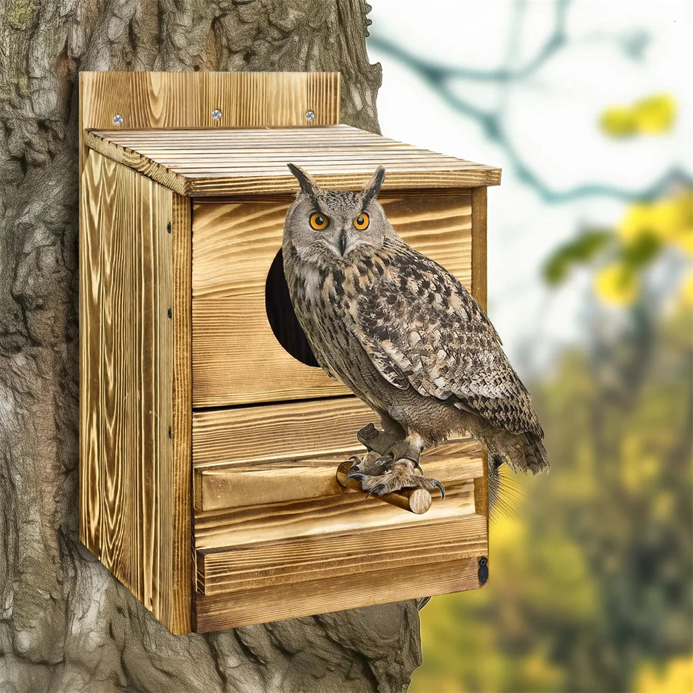 Screech Owl House Owl Bird Box Large Handmade Wooden Round Opening Screech Box for Outside with Mounting Screws