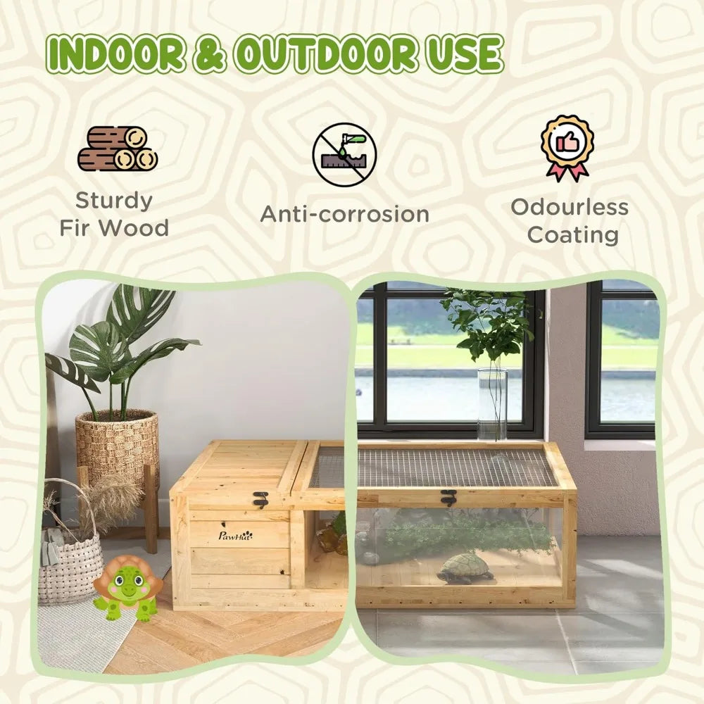 Wooden Tortoise House Indoor Turtle Habitat Cage for Reptiles, Lizards, Geckos, Outdoor Enclosure, Yellow, Suitable for Small Pe