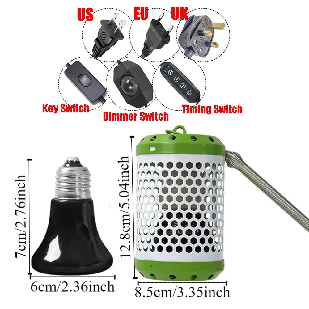 Anti-Bite Pet Parrot Heat Preservation Lamp Metal Chew-Proof Wire Anti-Scalding Bird Cage Heater US/EU/UK Plug in with Hook